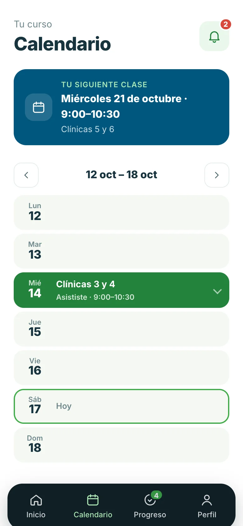The SAP Golf calendar on a phone: the next class highlighted, then a week of days with an attended class in green