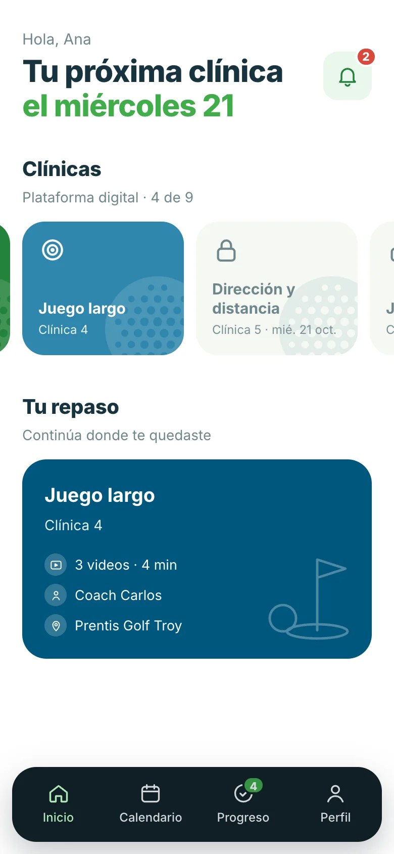 The SAP Golf home screen on a phone: the next clinic date, a row of clinic cards with the next one locked, and the clinic to review next