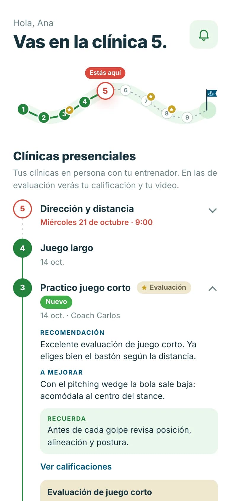 The SAP Golf progress screen on a phone: a path through nine clinics with the current one marked, then each clinic with the coach’s notes